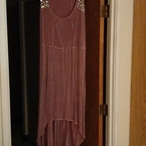 Dress, with short front, long back, plum colored with silver sequins on shoulder